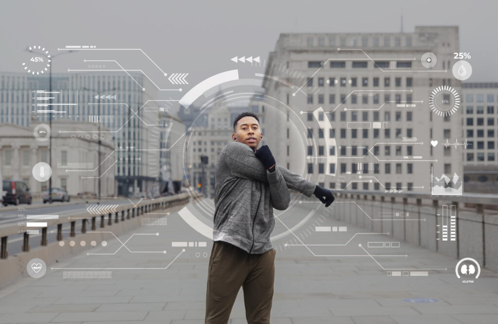 From Health Habits to Tech-Enabled Wellbeing: How Programmers Have Evolved in the Age of AR/VR 4 DevCrew I/O - front view man stretching with stats